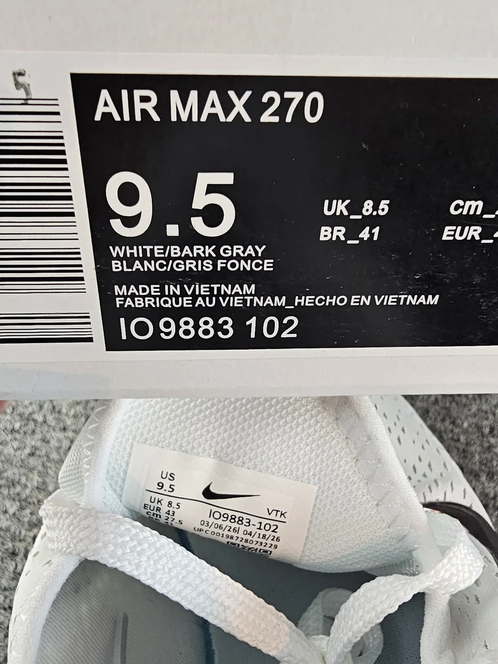 Nike Air Max 270 React White/bark Gray new Various Sizes New